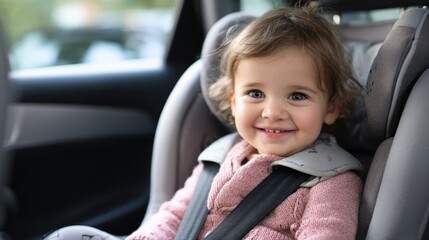 Smiling caucasian toddler in pink jacket sitting in car seat.