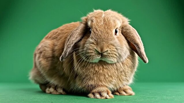 A detailed close-up studio portrait of a fluffy brown lop-eared rabbit against a vibrant green background