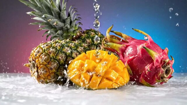 Fresh fruit splash mango pineapple dragon fruit with water