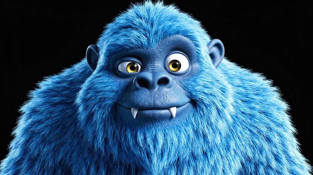 Cartoon blue yeti character with a large smile on a black background