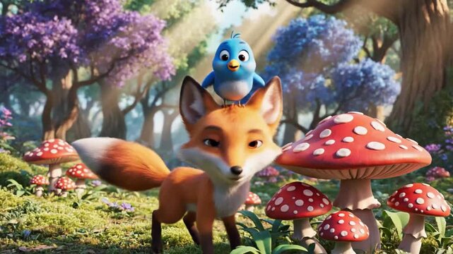 Animated forest scene with a fox bird and mushrooms under sunlight