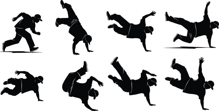 A man in various dynamic breakdancing poses in silhouette against a white background