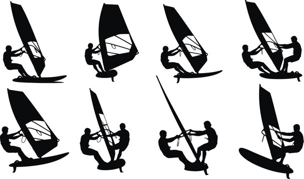 A collection of windsurfer silhouettes in various dynamic poses against a clean white background silhouette