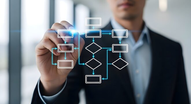 Strategic Process Mapping: Businessman drawing digital flowchart and algorithm logic on glass screen, workflow optimization and systems engineering concept