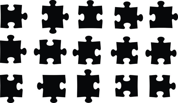 A silhouette of black puzzle pieces arranged in rows on a white background silhouette