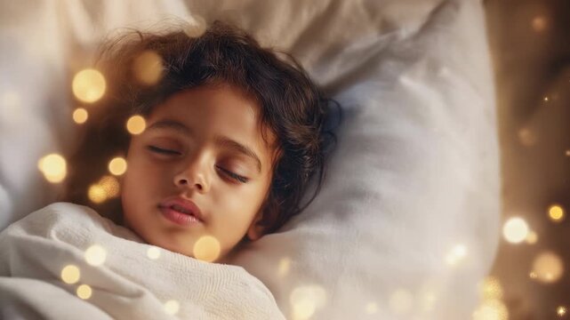 Peaceful child sleeping in white bedding as warm golden bokeh lights drift across the frame