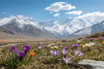 Fototapeta premium Blooming spring flowers in spring at the background of snow mountains