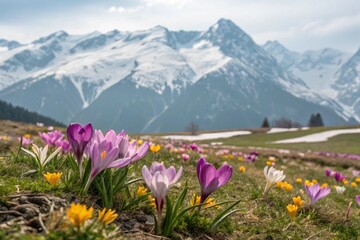 Obraz premium Blooming spring flowers in spring at the background of snow mountains