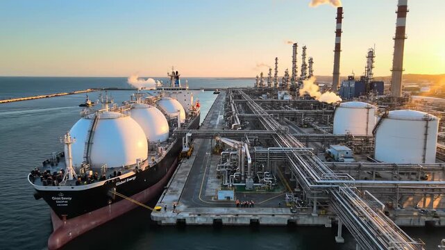 Aerial view of LNG tanker docked at industrial port with refinery at sunset