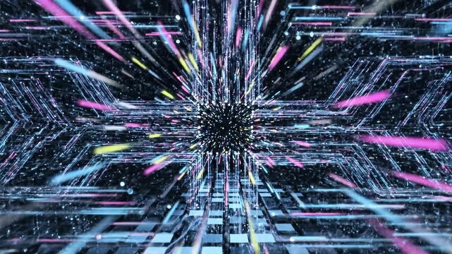 Digital data core explodes with radiant light rays and geometric patterns to showcase high performance computing for a website header.