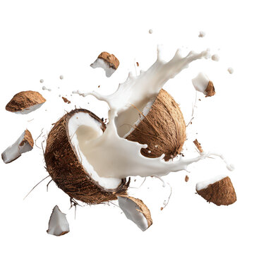 flying coconut with broken pieces and a milk splash