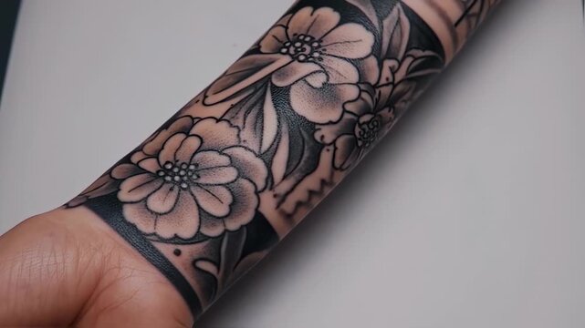 Black ink floral tattoo on a forearm, featuring detailed flowers and leaves, a band-like design