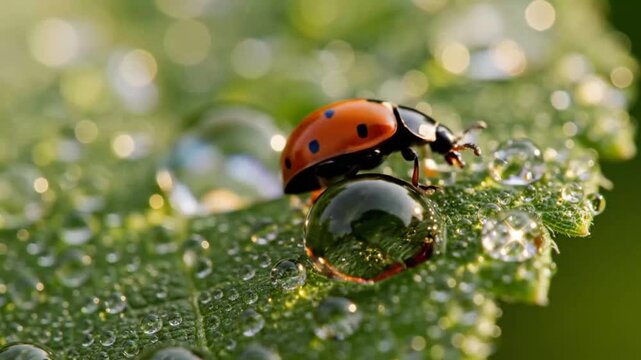 Ladybug on green leaf with water drops natures miniature world