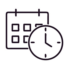 Obraz premium Simple line icon representing a calendar and a clock overlapping, symbolizing scheduling, time management, appointment, or deadline concept, isolated on