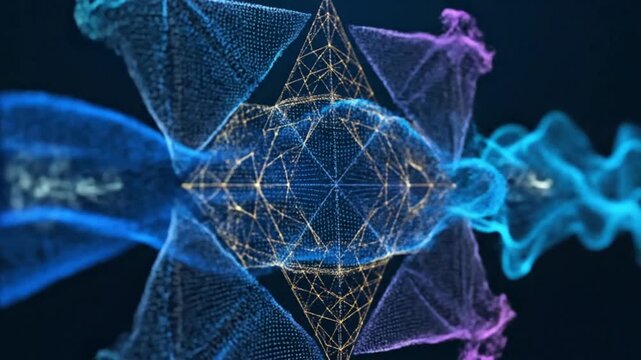 Abstract digital particle animation of blue mesh forming a geometric network for technology and data concepts