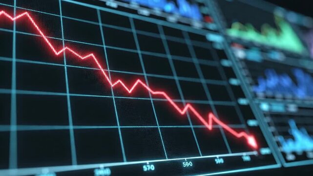 Dramatic stock market crash visualization with red line on grid display