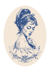 modern rococo inspired cameo poster with young lady, romance look, classical vintage ornament details, elegant pose