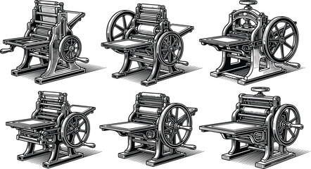 Collection of Vintage Printing Press Illustrations, Hand Drawn Retro Letterpress Machine Graphics, Antique Industrial Equipment for Publishing, Print Shop, and Media Design History © MstShanaz