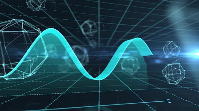 Abstract visualization of wavy line with geometric shapes and grid background