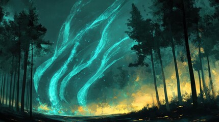 digital painting of northern lights over forest, teal and turquoise light ribbons