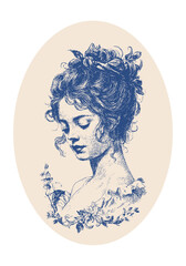 modern rococo inspired cameo poster with young lady, romance look, classical vintage ornament details, elegant pose