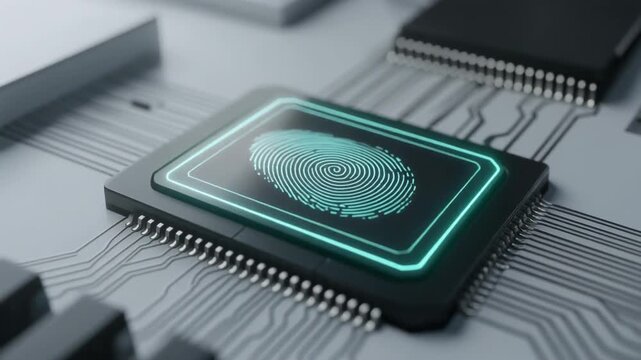 Biometric authentication, fingerprint scanner on a modern microchip CPU close-up technology concept