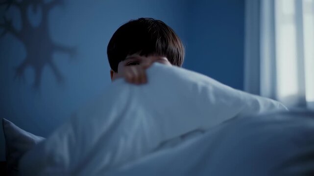 Child hiding under covers in a bedroom at night
