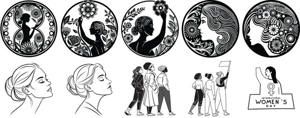 International Women's Day vector illustration set. Female silhouettes, profiles, and protest march in black and white, isolated on white