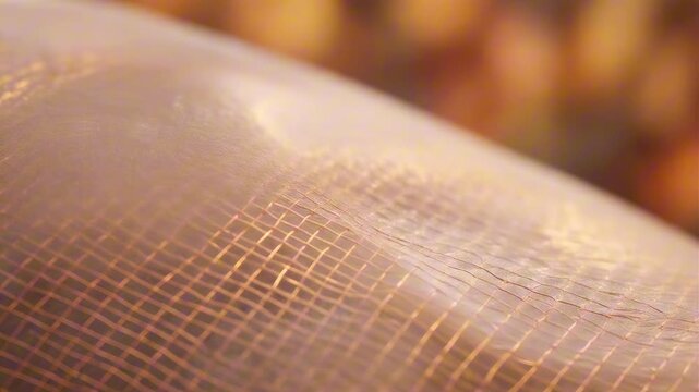 Macro close up of flexible electronic skin sensor mesh technology on transparent material
