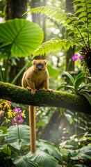 Obraz premium Golden bamboo lemur perched on a mossy branch in rainforest.