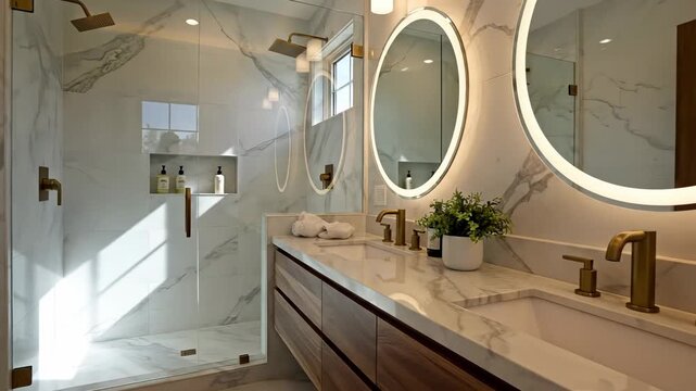 A bright and airy luxurious master bathroom featuring a freestanding white bathtub marble wall accents and a warm wood vanity with gold fixtures.
