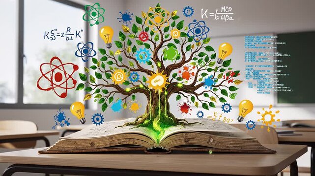 Conceptual learning process animation showing knowledge growth from a book to a tree