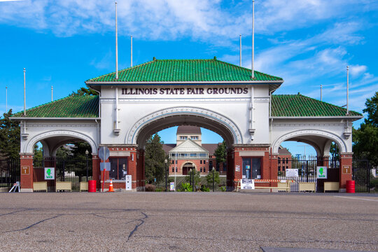 Springfield, IL&mdash;Sept 9, 2025; Main entrance gate (Gate 1) to the Illinois State Fairgrounds, featuring historic architecture and a view of the fairgrounds campus.