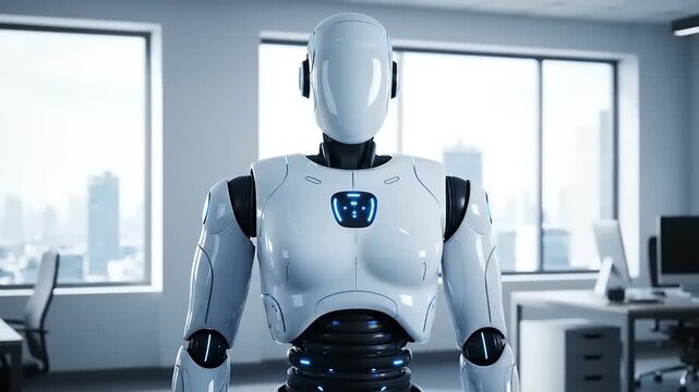 Humanoid Robot Standing in Modern Office Space.
