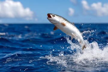 Obraz premium Fish Leaping Out of the Blue Ocean Under a Bright Sky with Clouds
