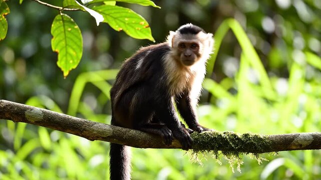 Cute White-Faced Capuchin Monkey Perched on a Mossy Branch in Lush Green Rainforest