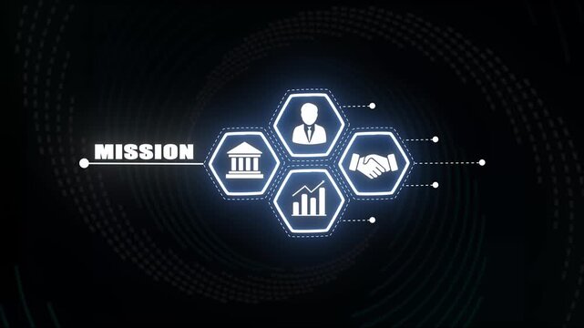 Mission Statement Infographic with Business Icons: Leadership, Growth, Partnership, and Stability.