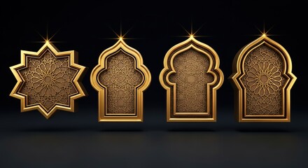 An ornate gold set of Islamic architectural elements and motifs displayed against a dark background from a straightforward viewpoint