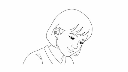 Obraz premium Young girl with short hair looking down with a gentle smile.