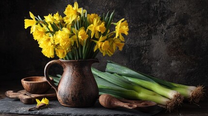 A beautiful bouquet of yellow daffodils in a rustic brown vase on a dark table with green onions and wooden utensils.