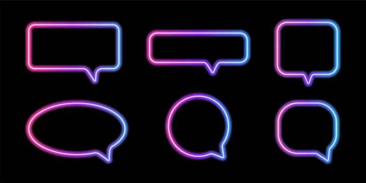 Neon rainbow gradient speech balloon. Bright glowing chat bubble for text, talk and messaging visuals.