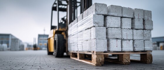A forklift is parked next to a pallet of stone blocks in a warehouse yard.