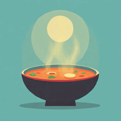 Steaming bowl of soup on a neutral background

