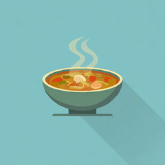 Steaming bowl of soup on a neutral background

