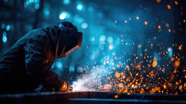A skilled welder working in a dark environment with sparks flying everywhere