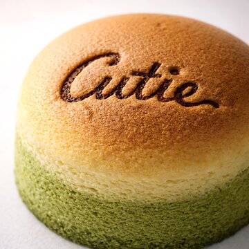 Close-up of a fluffy japanese cheesecake with 'cuttie'  text for valentine day