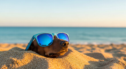 Low-angle view of a brown dog buried in sand, wearing blue sunglasses, at a beach, representing relaxation, leisure, summer and vacation themes