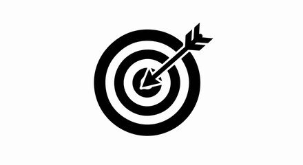 Black target with arrow hitting bullseye vector icon, success goal achievement symbol isolated on white