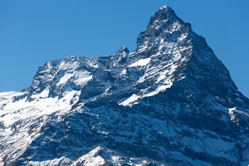 Obraz premium Landscape of snow-capped peak of Mount Belalakaya in the Teberda Nature Reserve