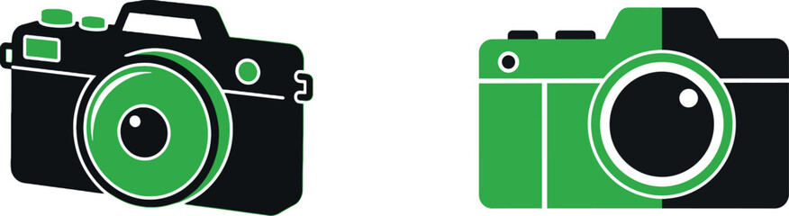 Modern camera icons in sleek black and green colors on transparent background with elements.